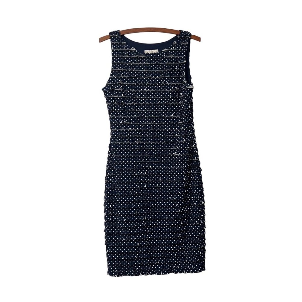 Joseph Ribkoff Navy Polka Dot Ruffle Layered Frill Sleeveless Bodycon Dress 8